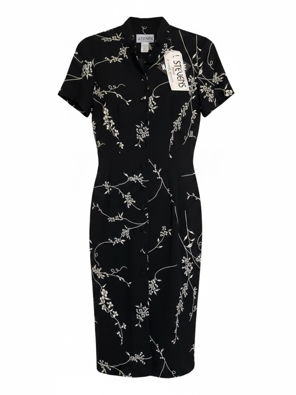 VTG J Stevens Carol Escritor Dress Size 12 Black Cream Floral Button Front NWT